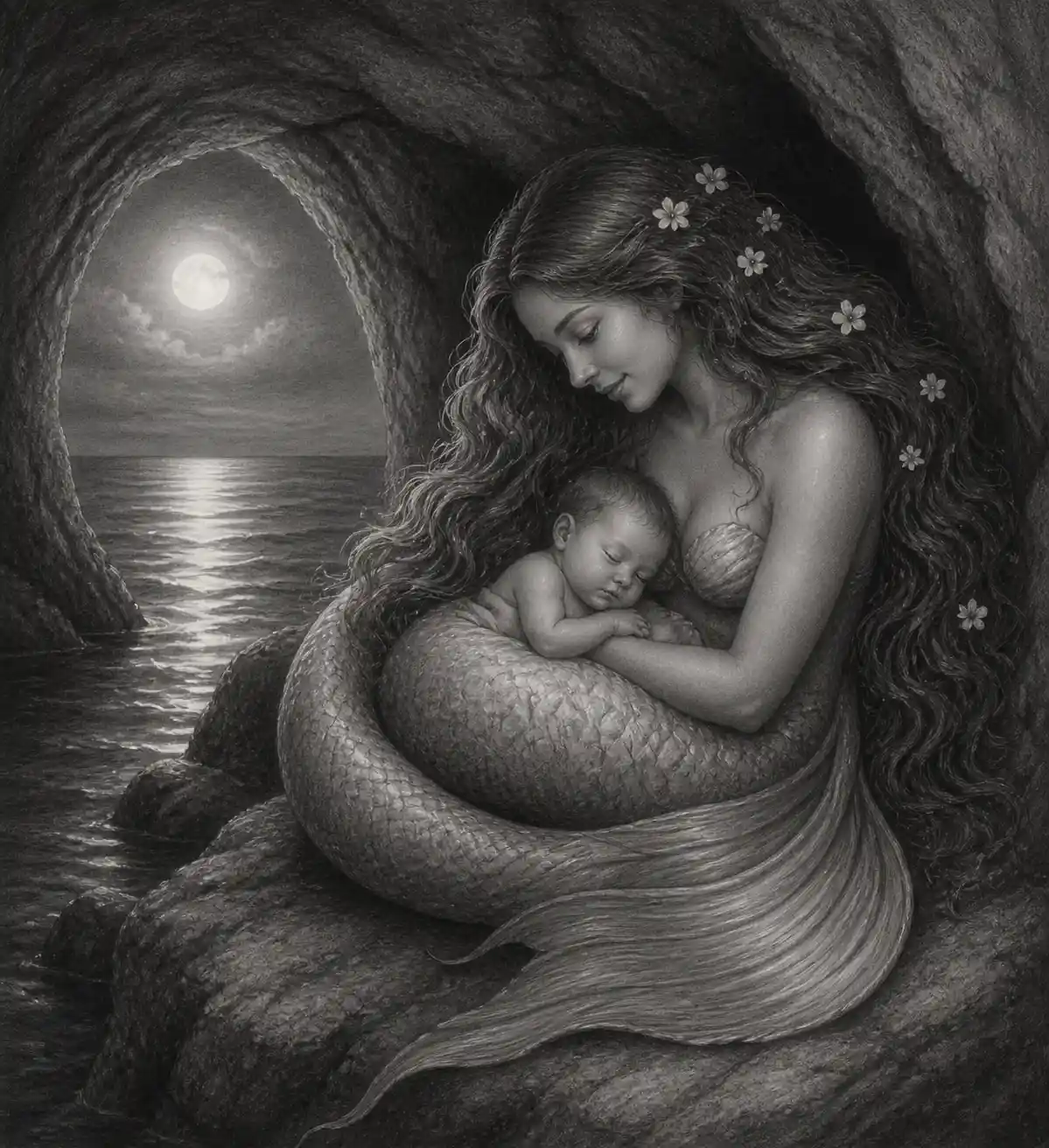 Tender mermaid cradling a sleeping baby in a moonlit cave