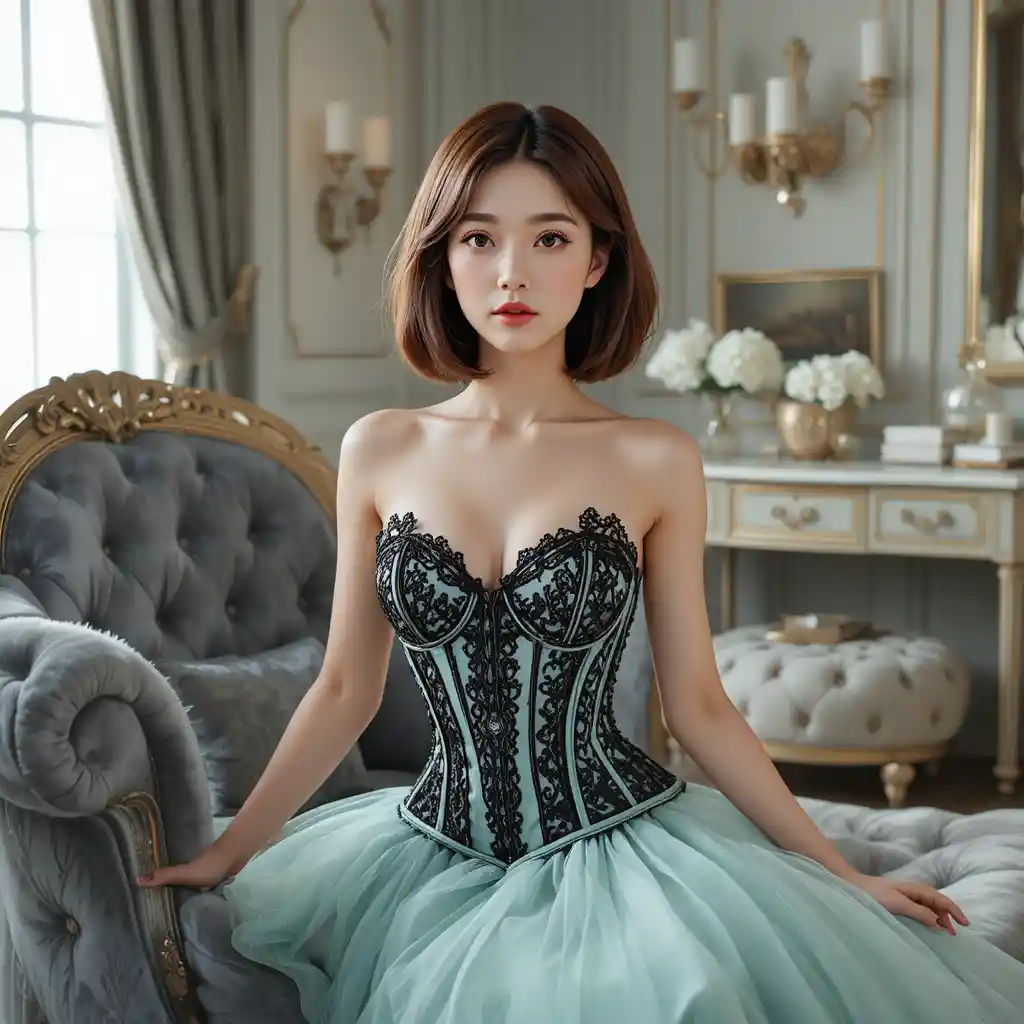 Elegant 3D girl reclining on velvet chaise in bedroom