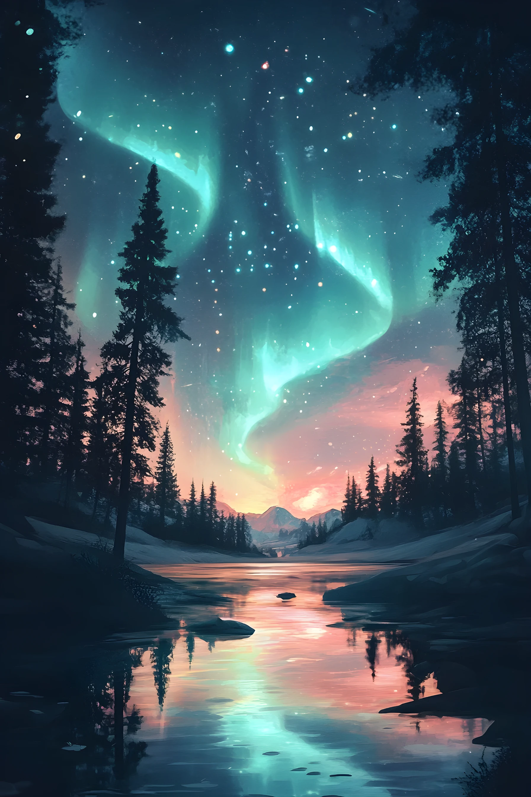 Aurora luminosa su paesaggio ghiacciato sotto un cielo notturno stellato