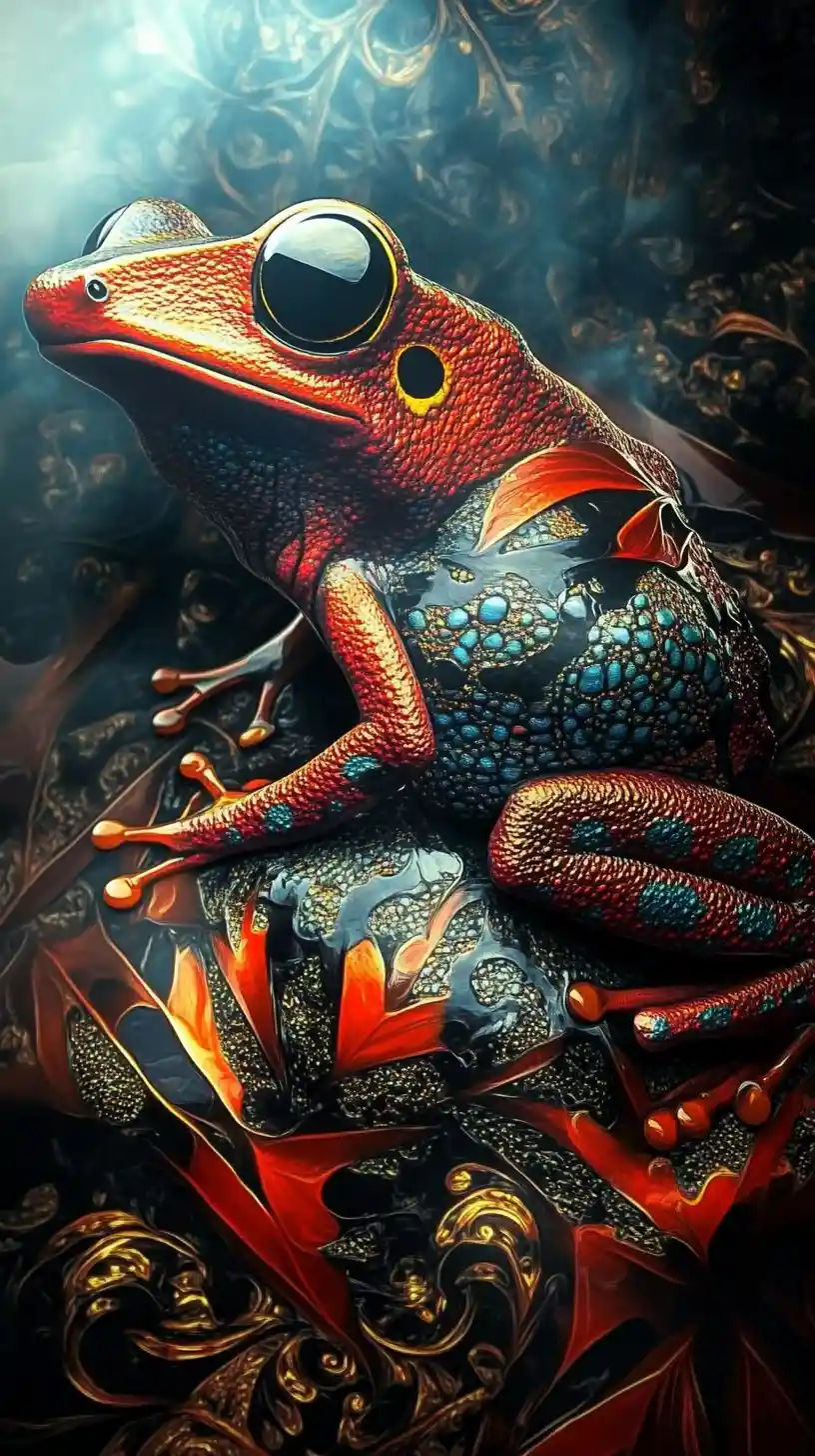 Colorful poison dart frog against bold organic abstract background