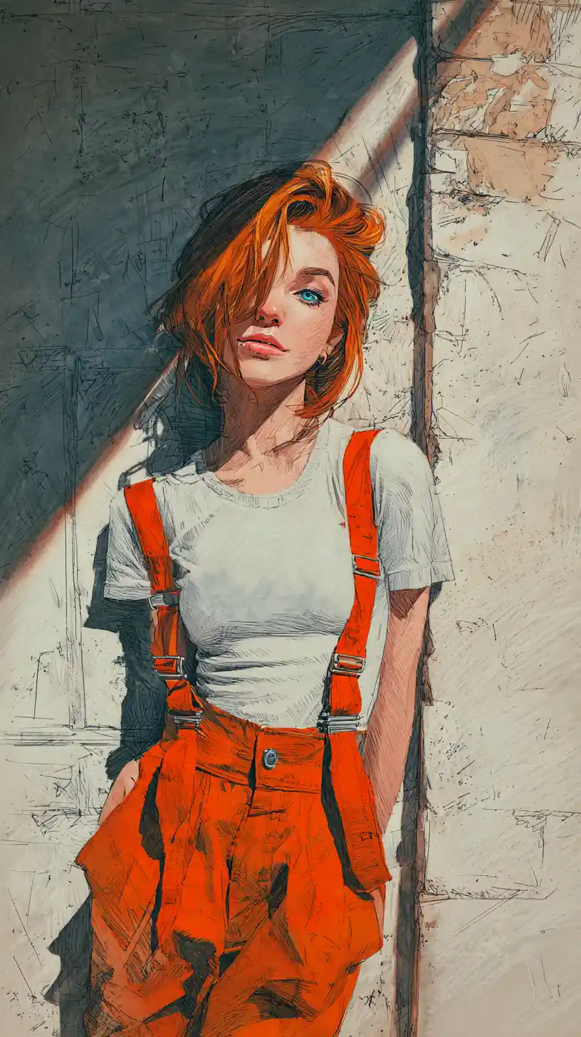 Anime woman in tactical straps against rough concrete wall
