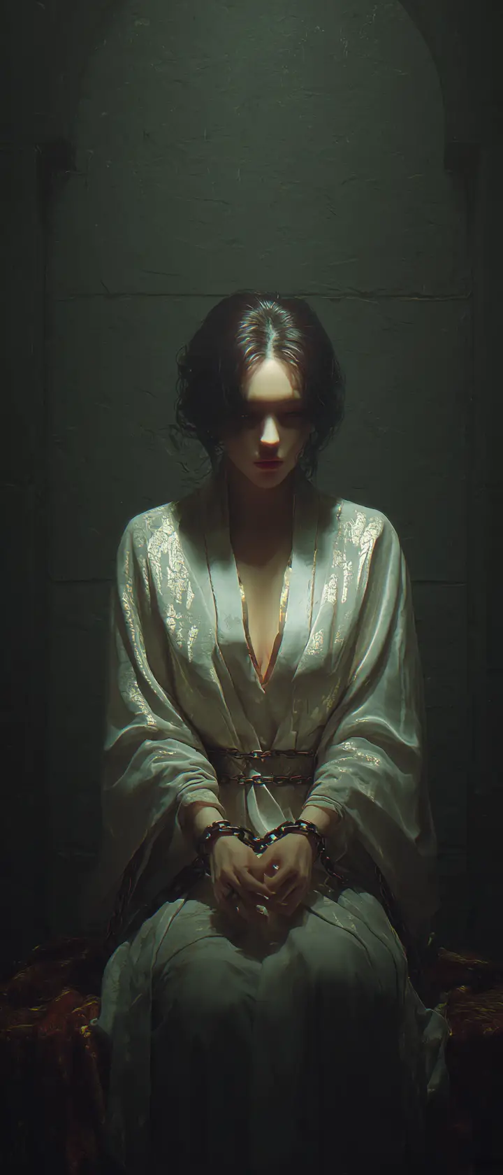 Chained royal maiden glowing softly in a dark dungeon
