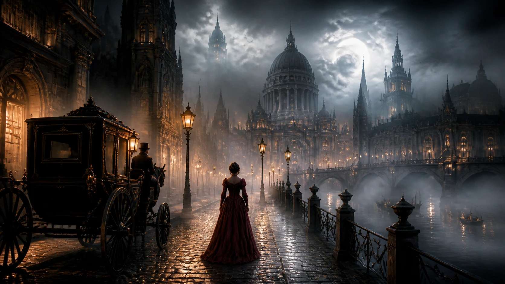 Dreamlike historical city street in glowing foggy light