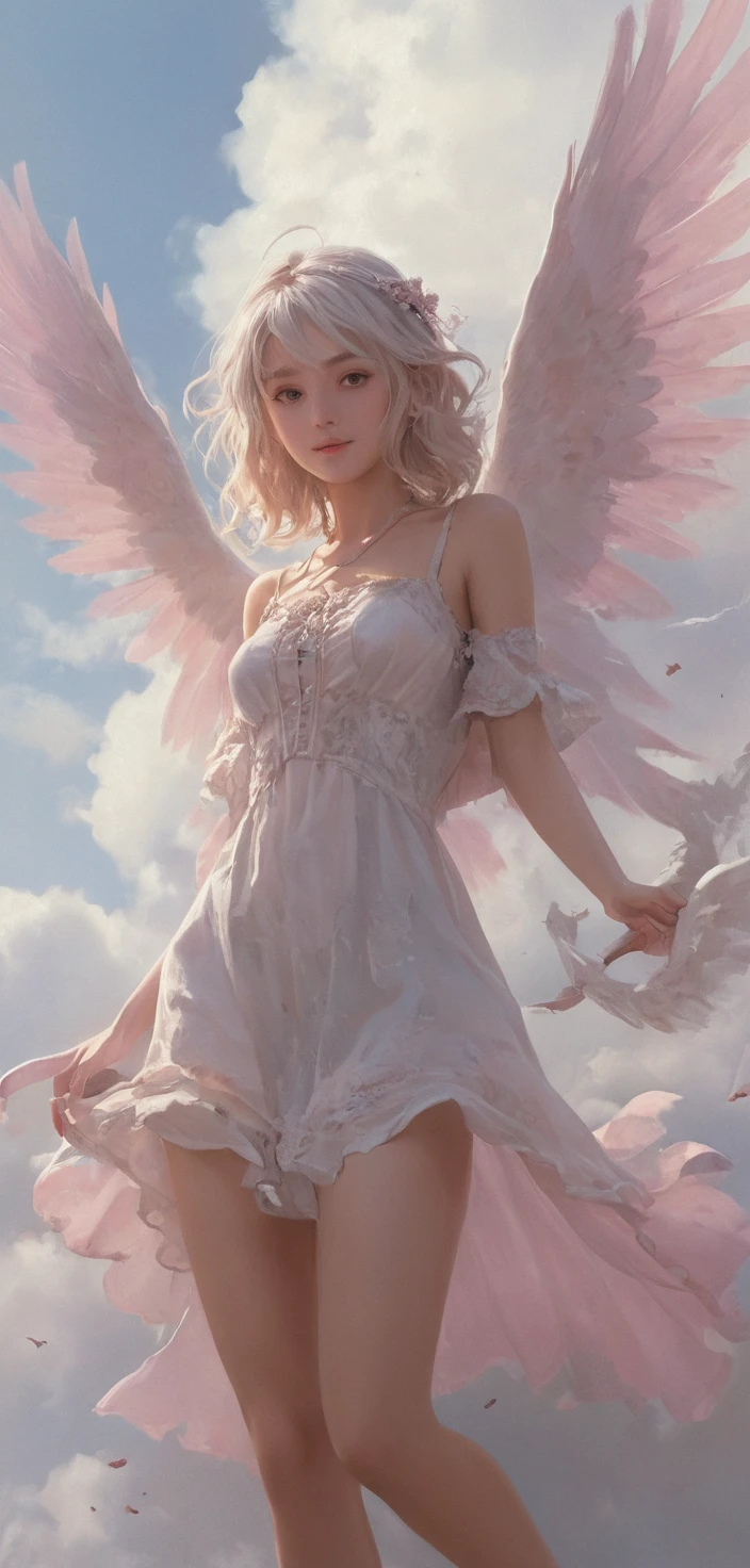 Fantasy girl with cloud wings in a dynamic neon sky
