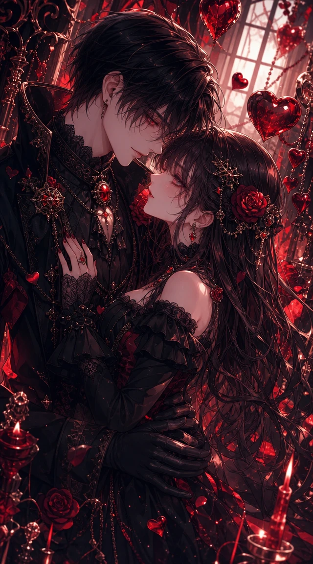 Gothic anime couple in red and black with glowing hearts