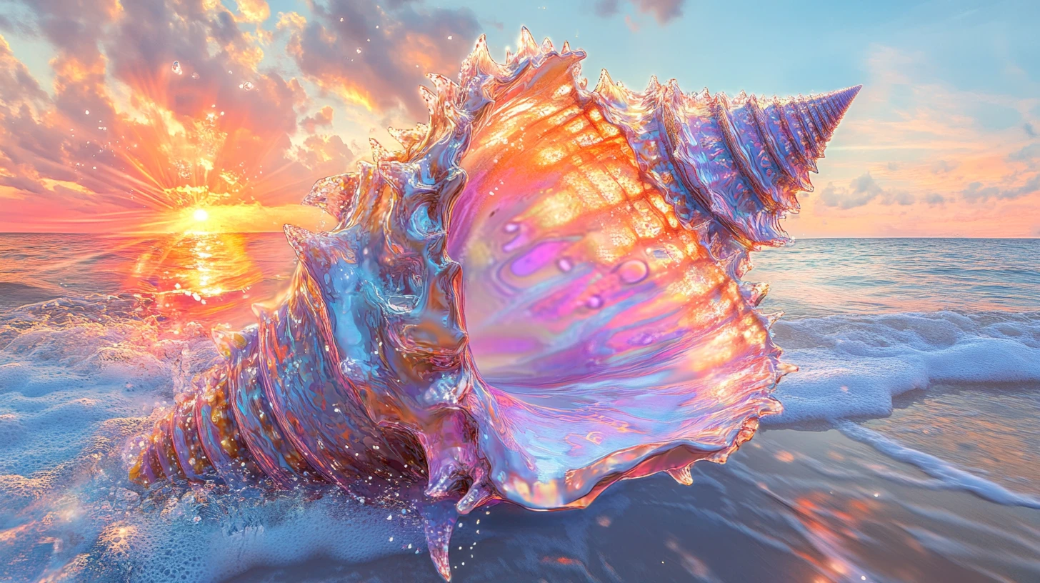 Neon seashell double exposure against a serene ocean backdrop