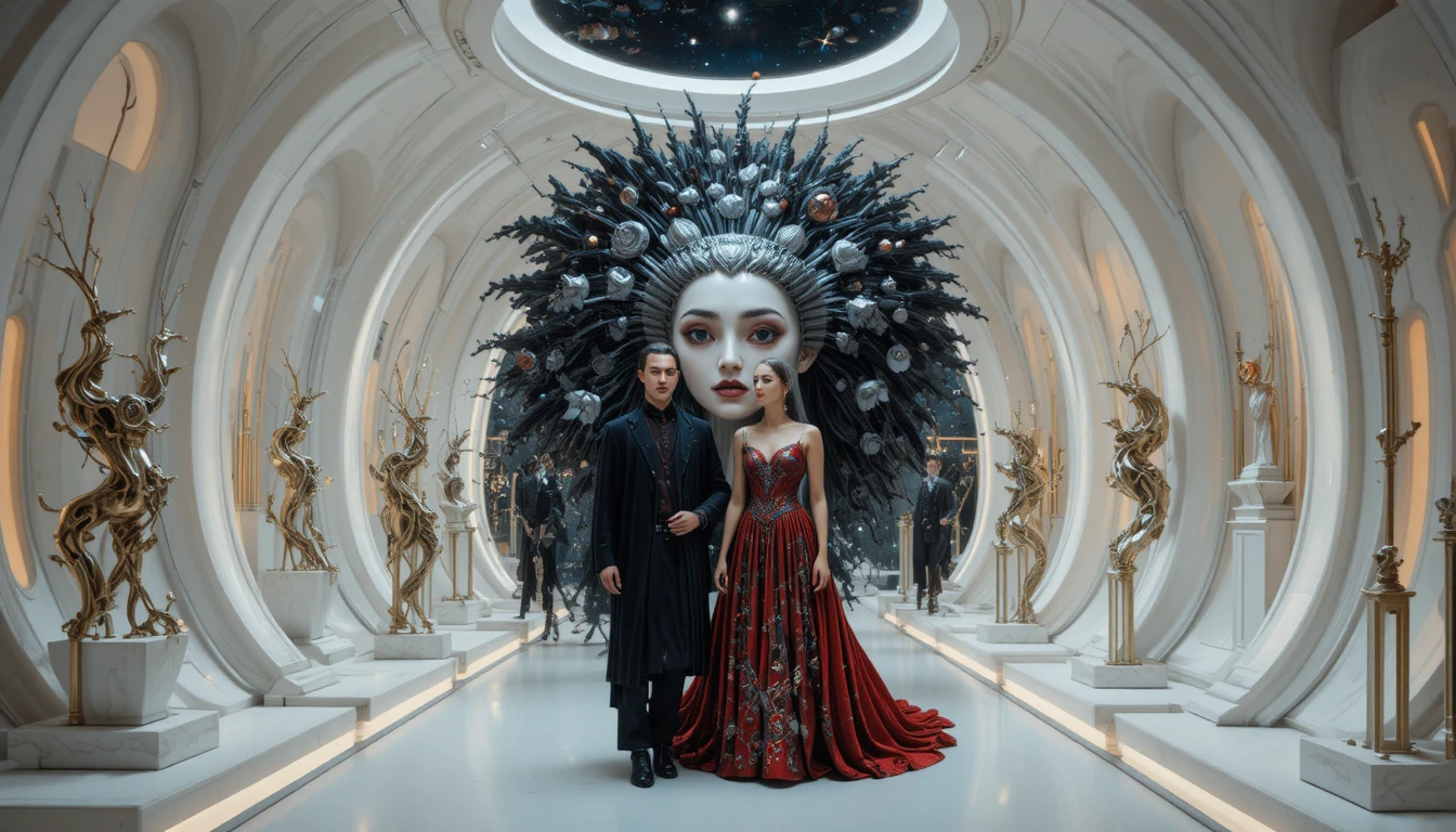 Futuristic gallery with abstract metal sculptures and wizard couple
