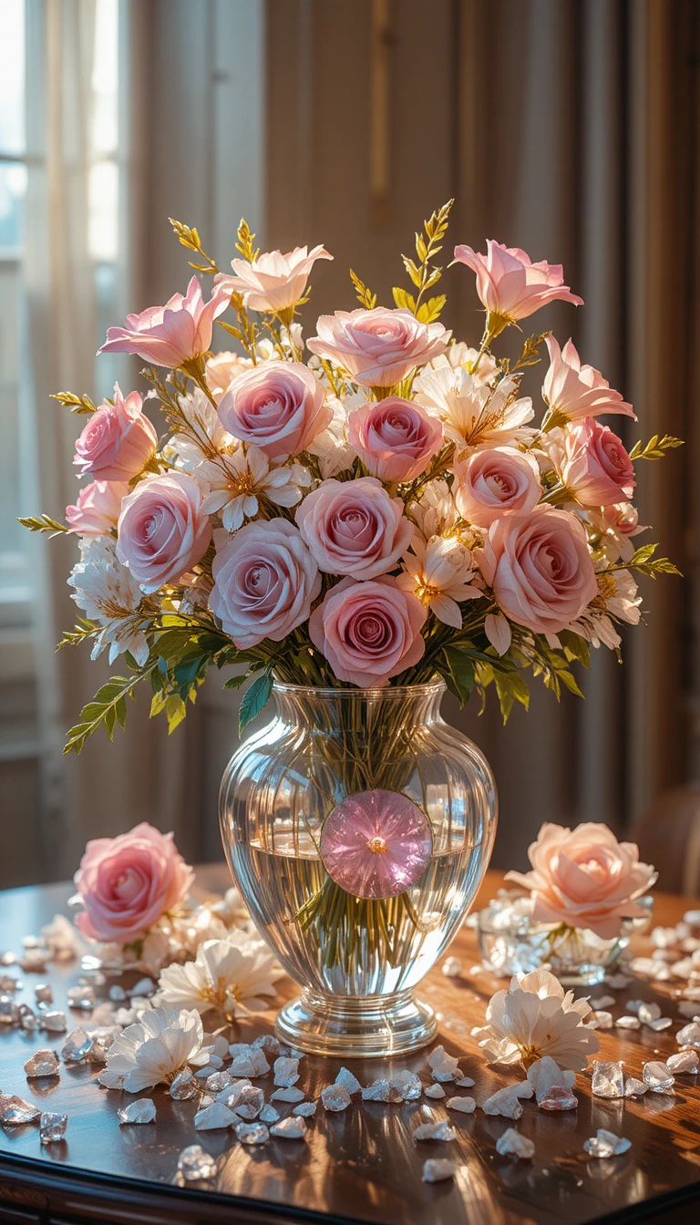Glass roses in a heart shaped vase under warm golden light