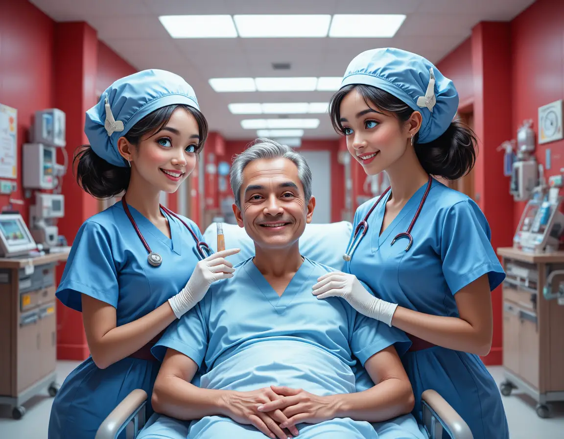 Caring nurses comforting a grateful patient in hospital room