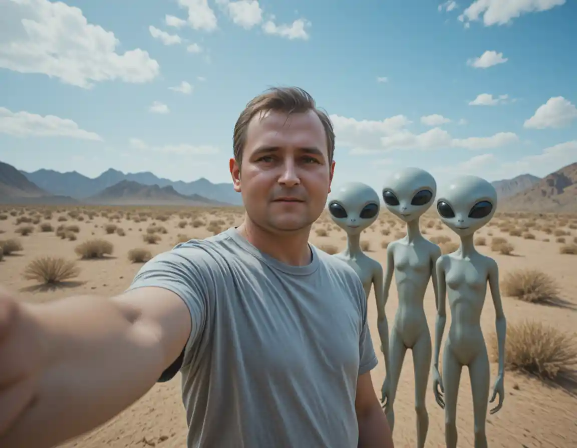 Man taking selfie with friendly aliens in desert