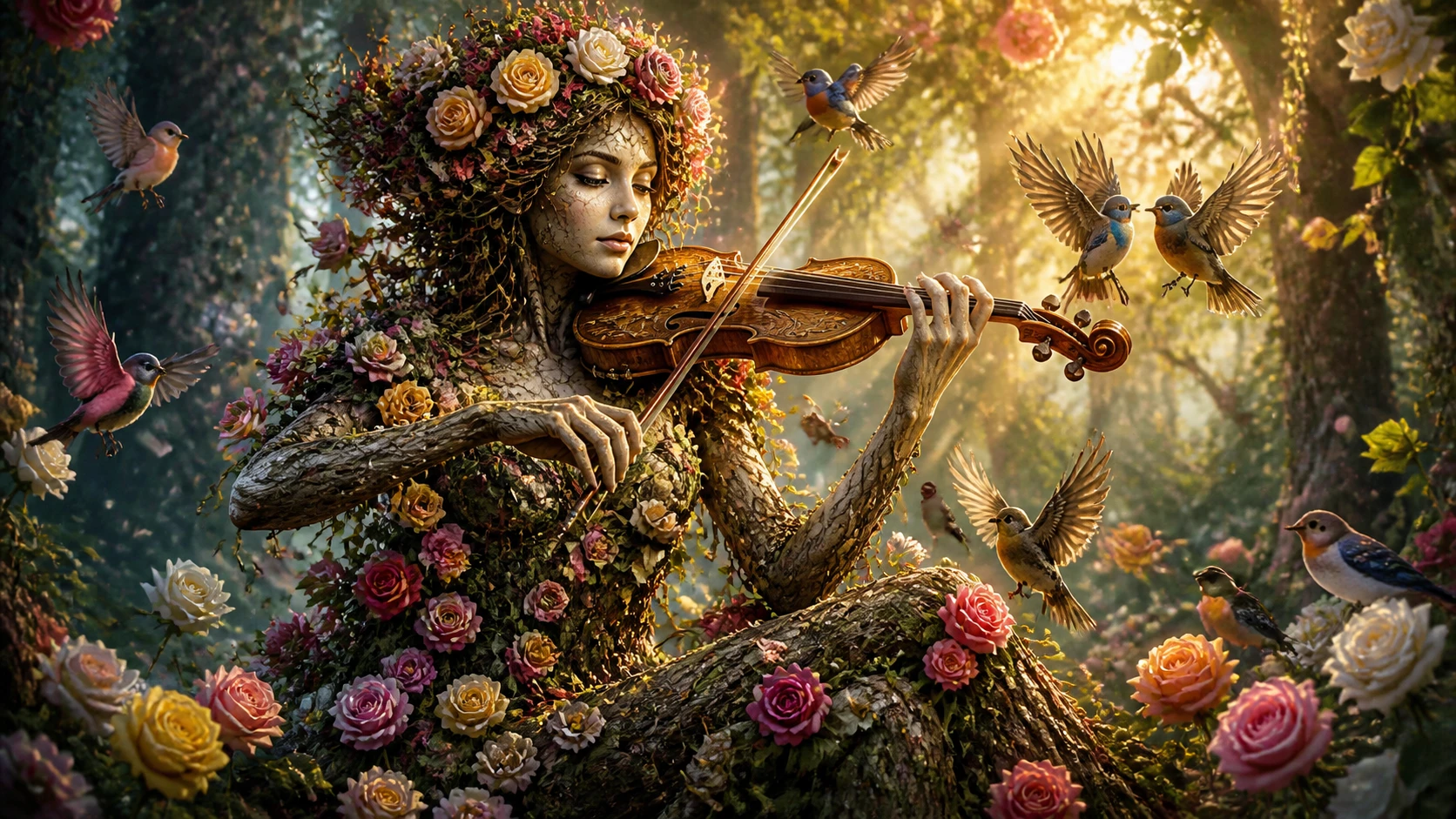 Ethereal dryad woman playing violin in forest clearing