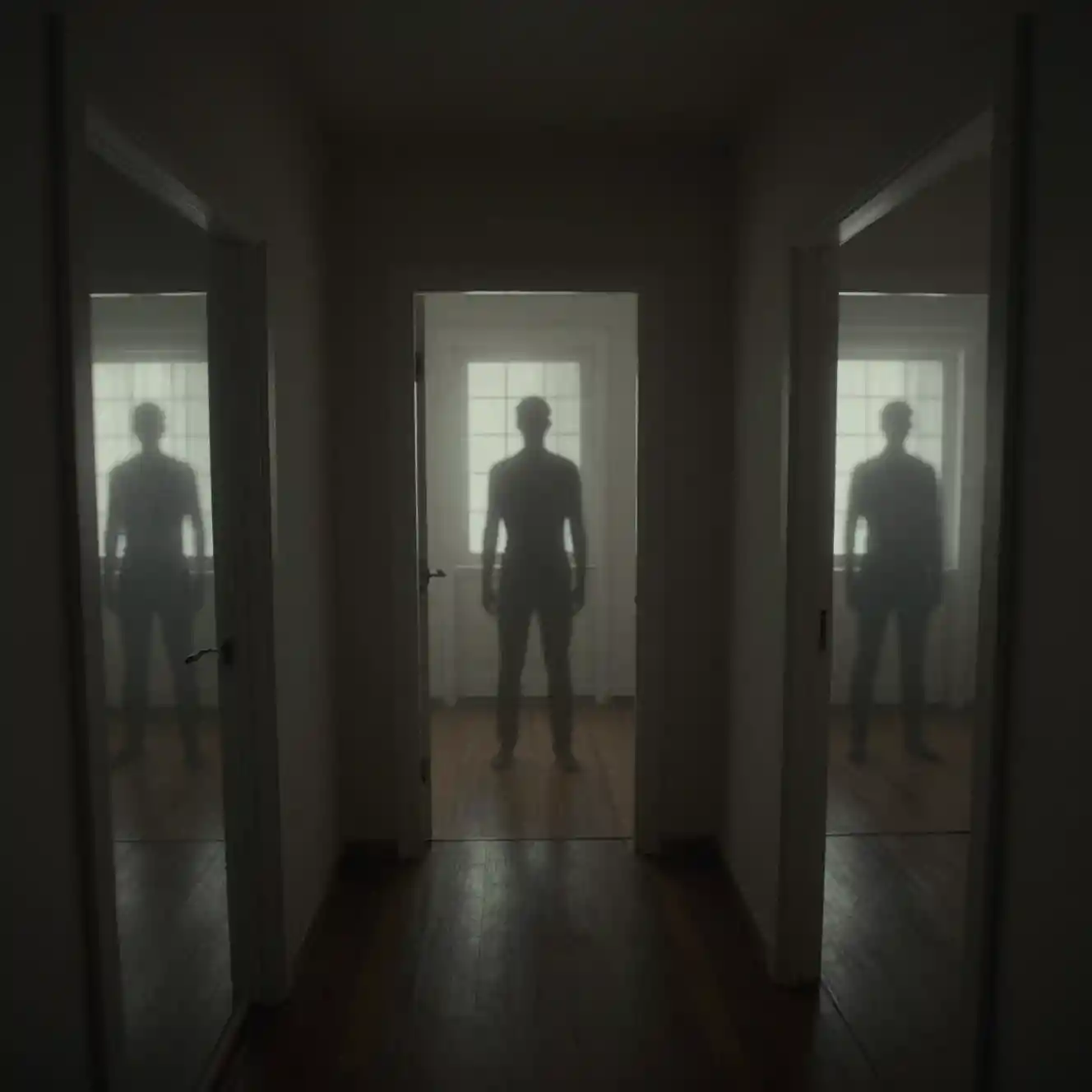 First person view down quiet home hallways with silhouettes