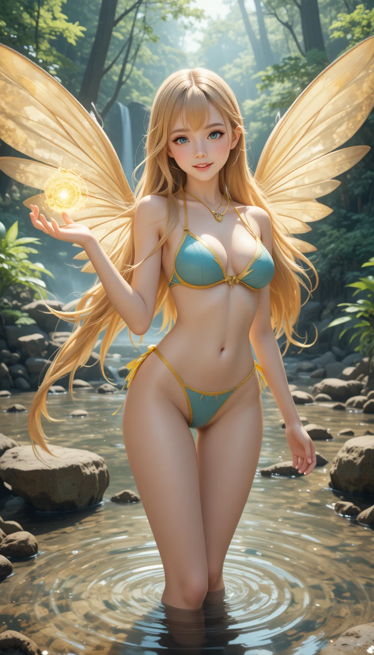 Anime girl with golden wings posing in a tranquil forest