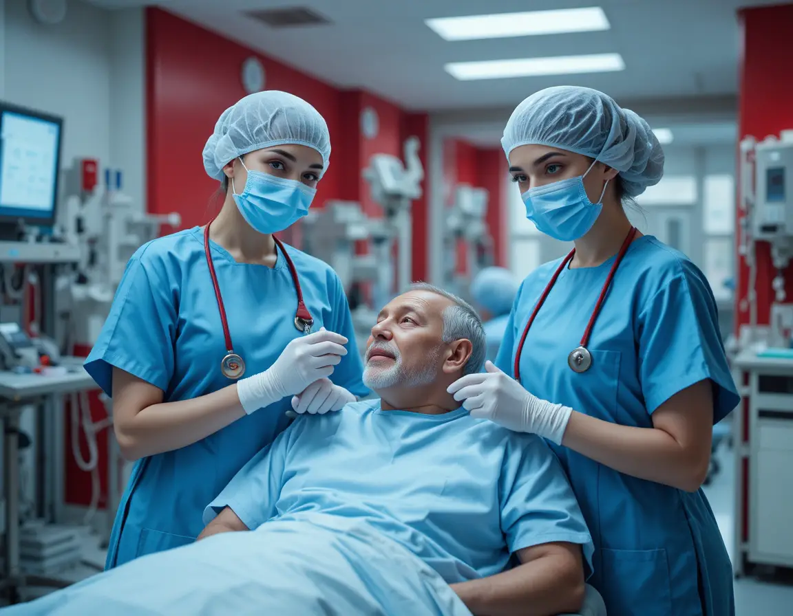 Caring nurses assisting a patient in a modern hospital room