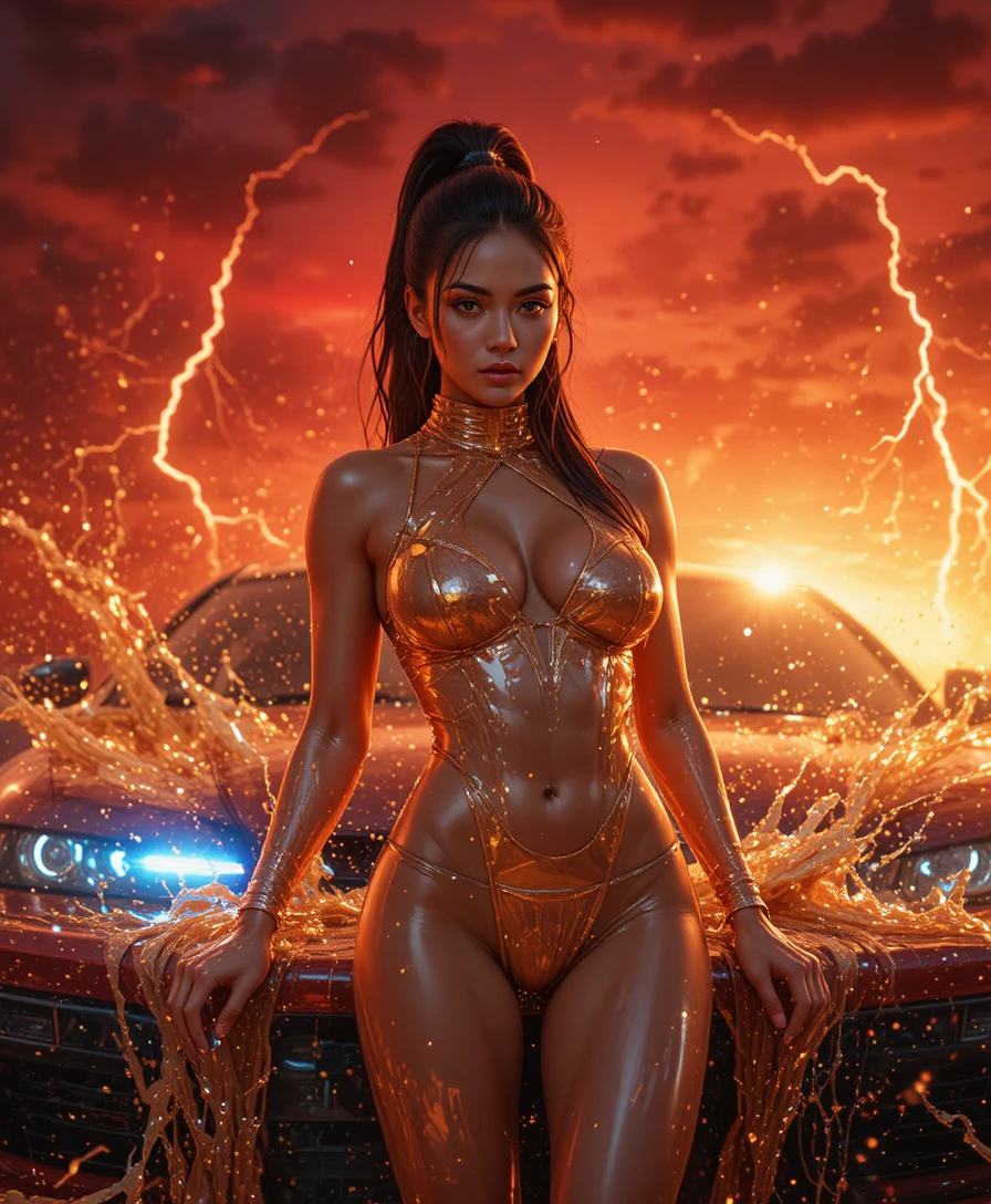 Futuristic female warrior posing beside a glowing car