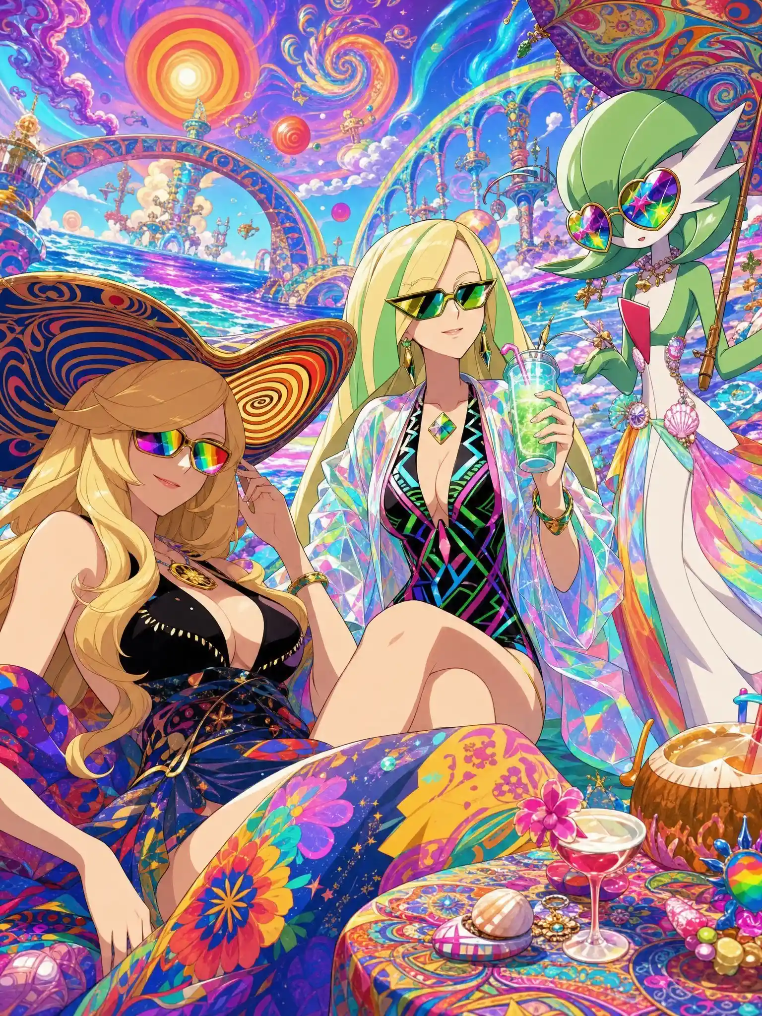 Mulheres de anime relaxando em uma praia arco-íris surreal