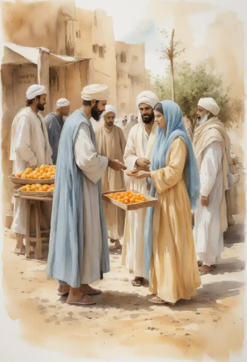 Watercolor scene of merchants sharing fruit in a marketplace