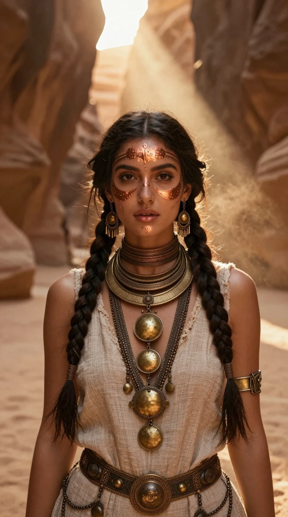Woman with copper face paint in glowing desert canyon