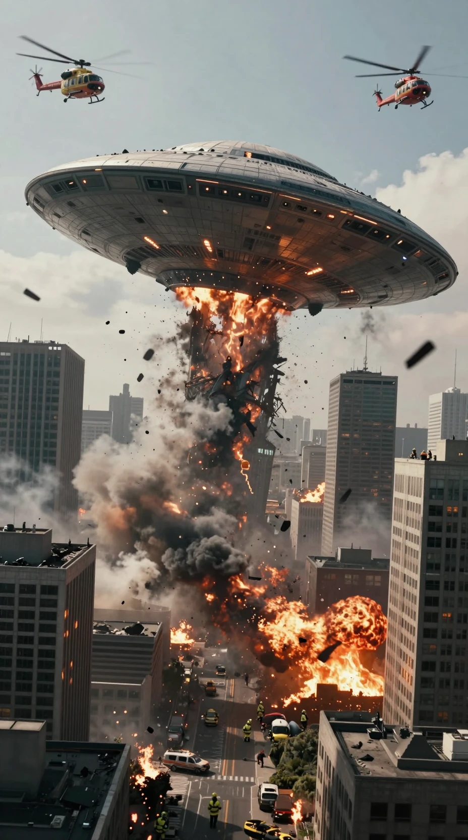 Giant flying saucer crashes into a burning modern city