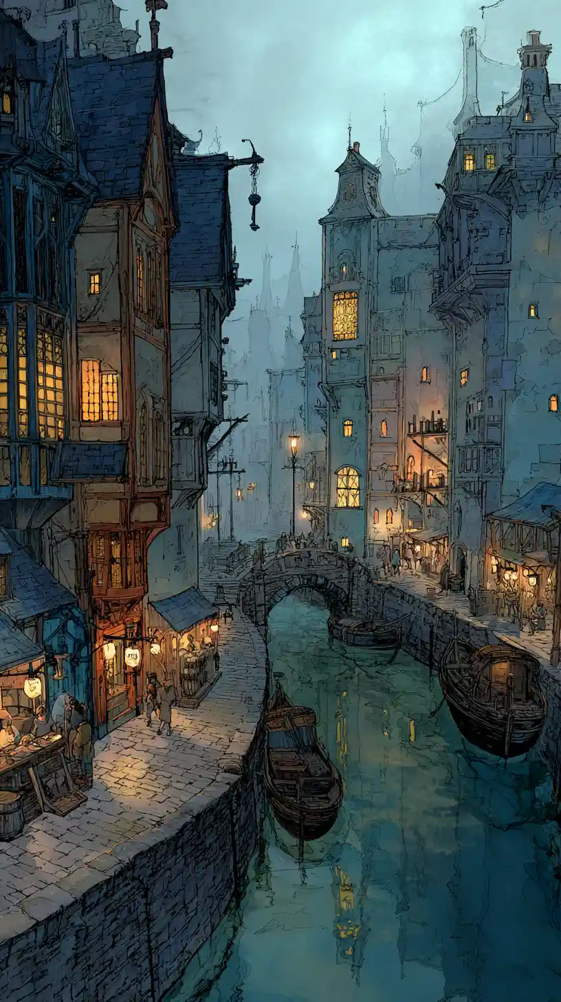 Medieval canal town at dusk with glowing windows and lanterns