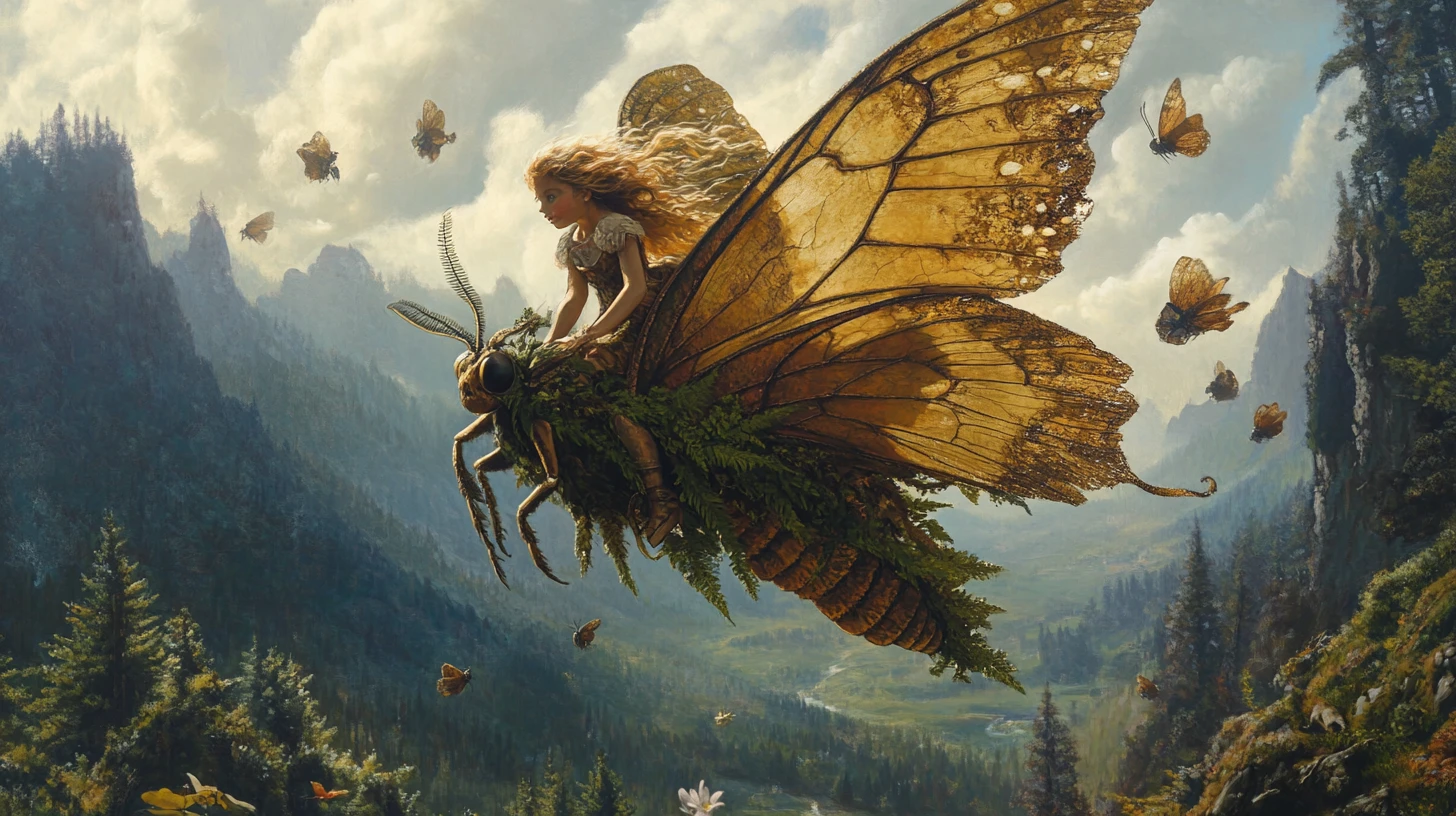 Forest fairy riding a saddled moth through mountain valley