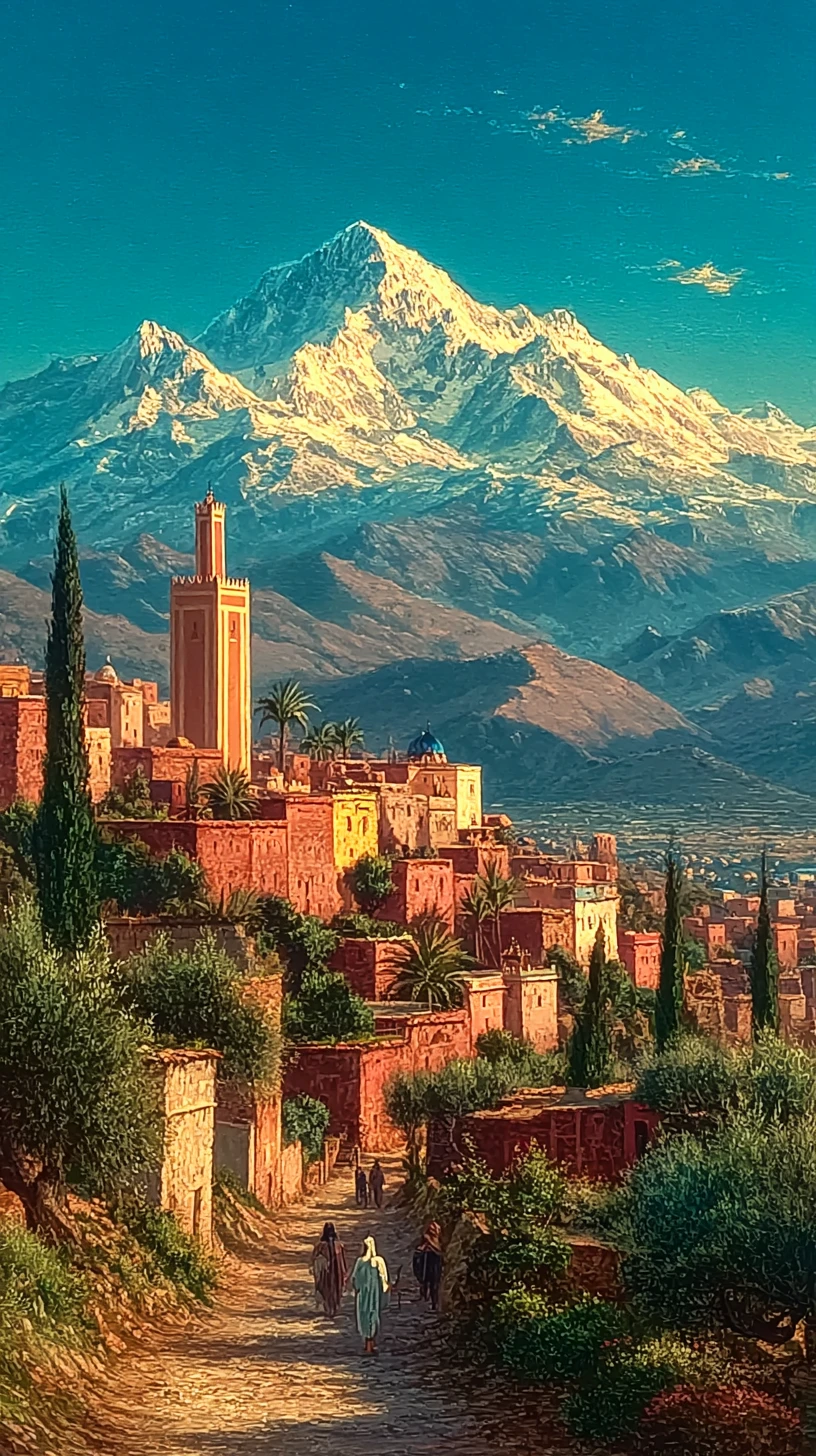 Victorian oil painting of snow capped Kabylie mountain landscape