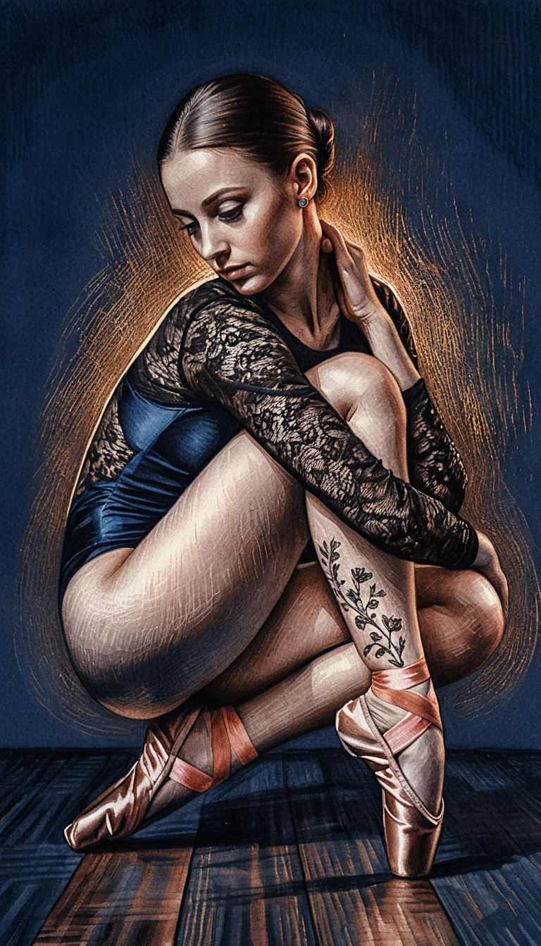 Ballerina in lace leotard crouching on wooden floor