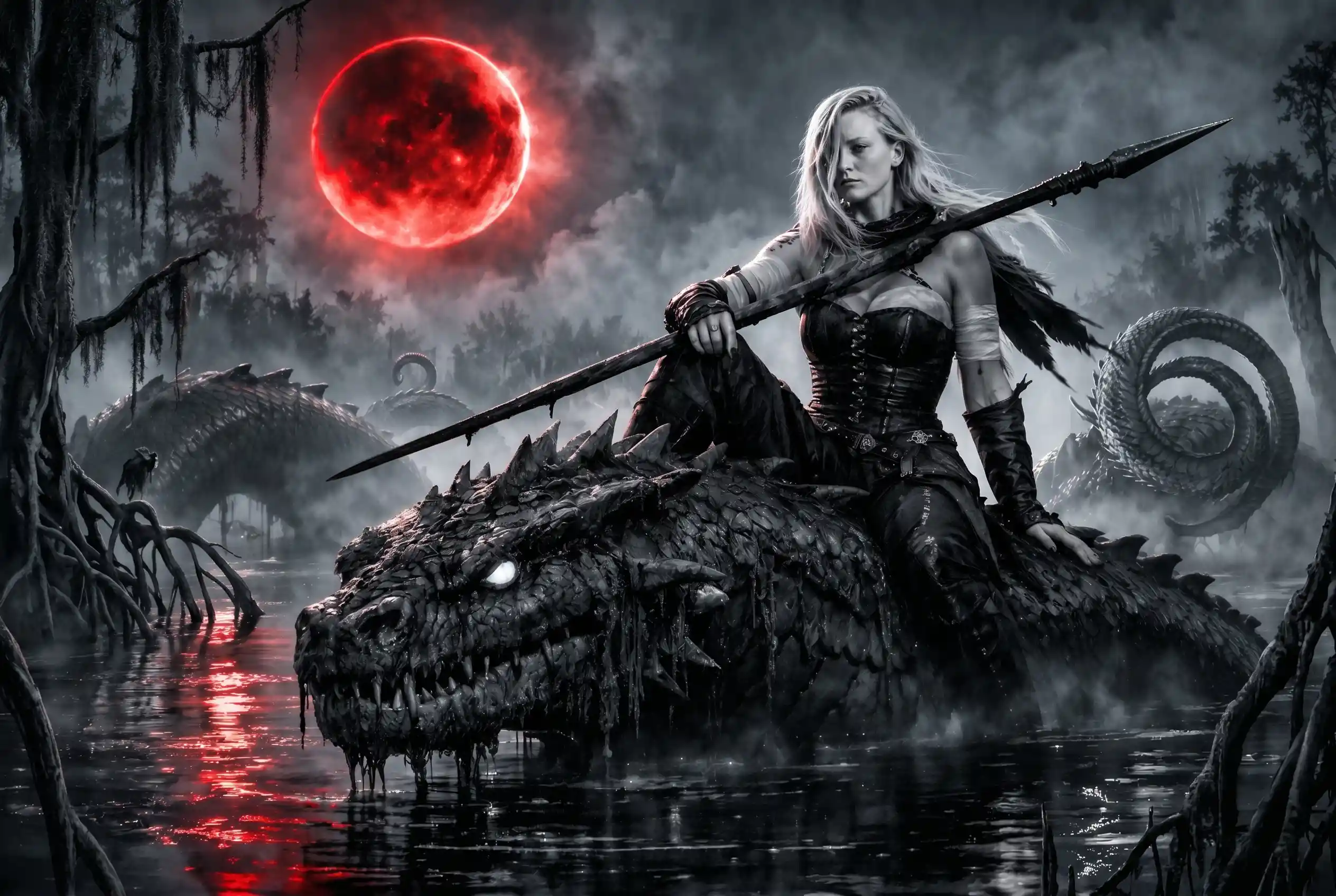 White haired warrior riding a sea serpent in misty swamp