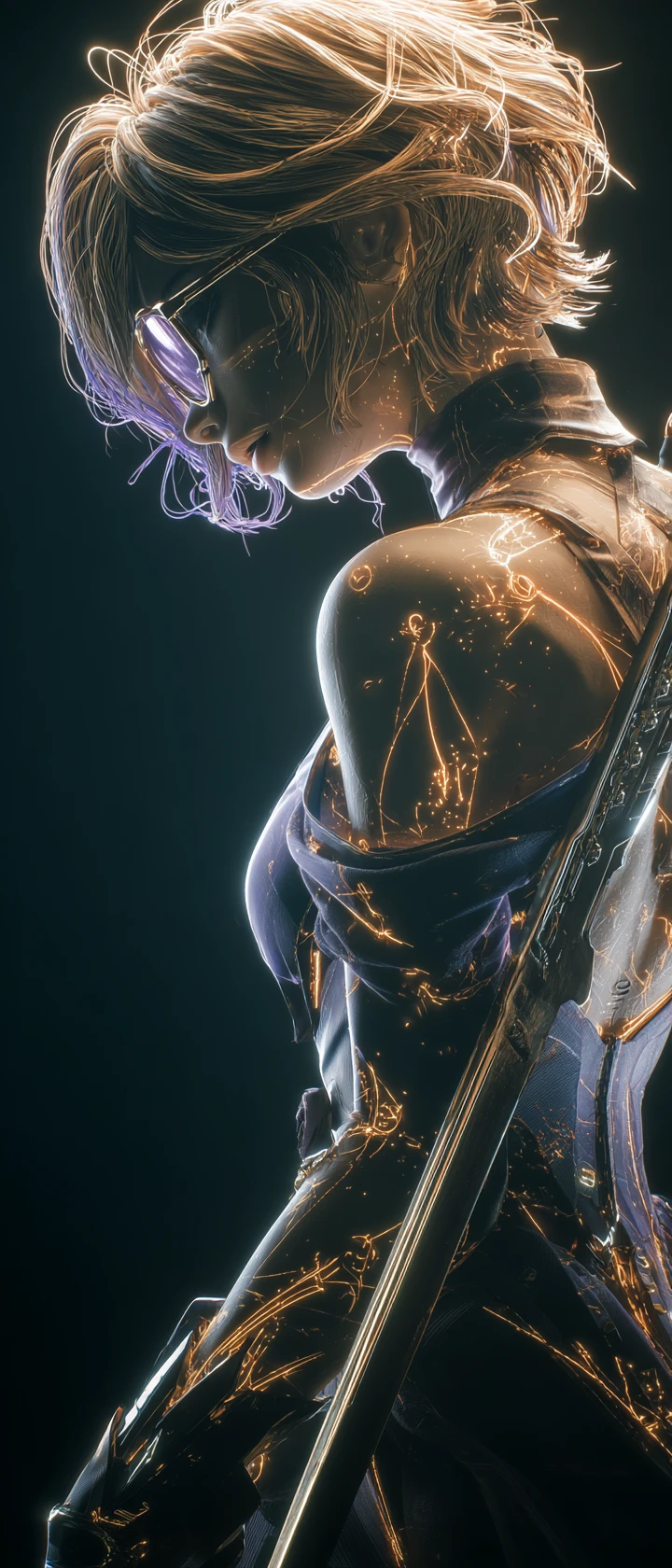 Cyberpunk-Frau mit Schwert in leuchtendem 3D-Porträt