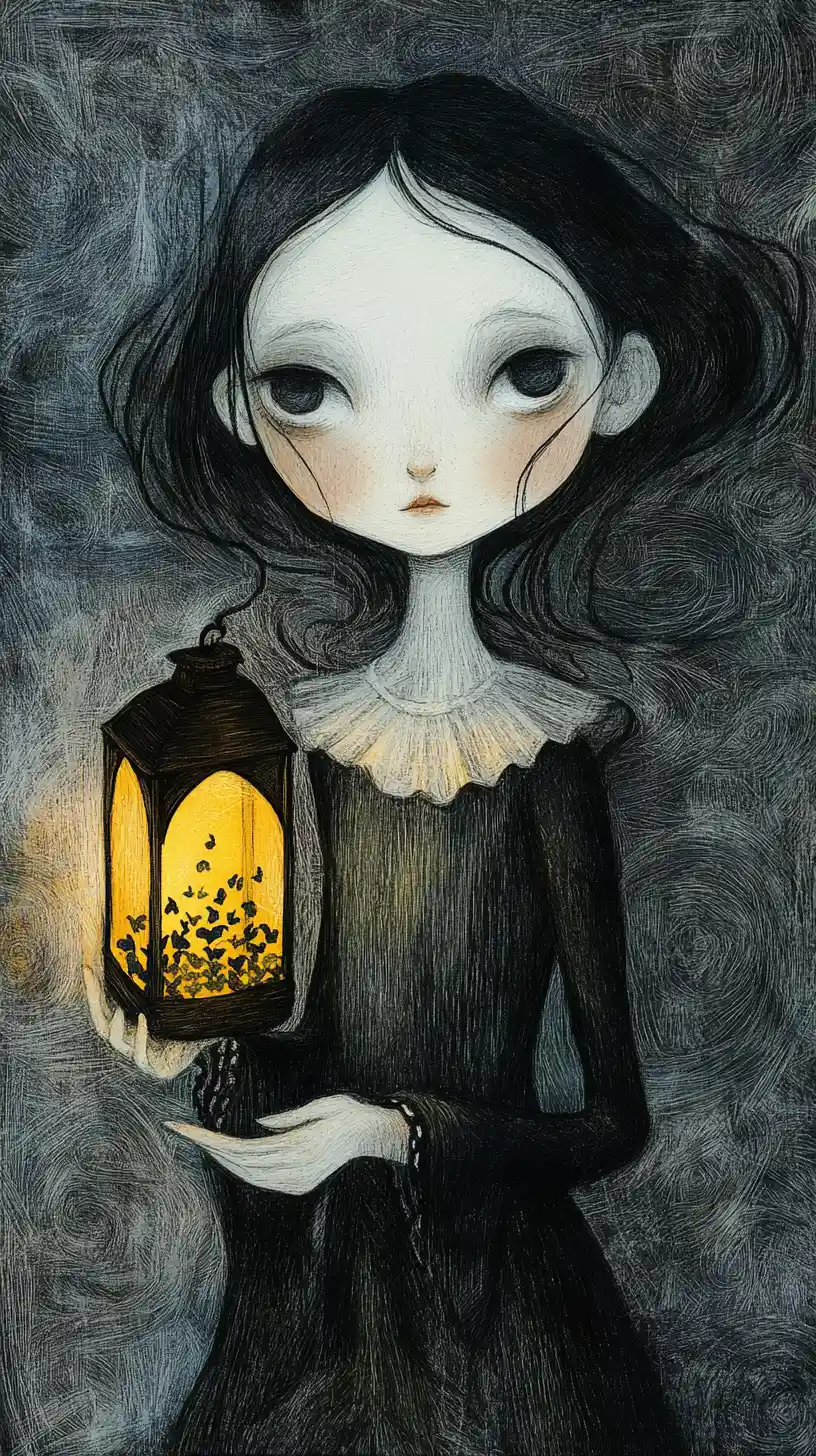 Ghostly girl with glowing lantern of tiny souls