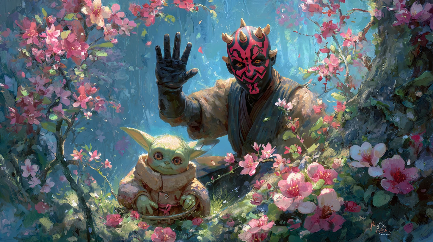 Darth Maul and Grogu waving in a spring flower bower