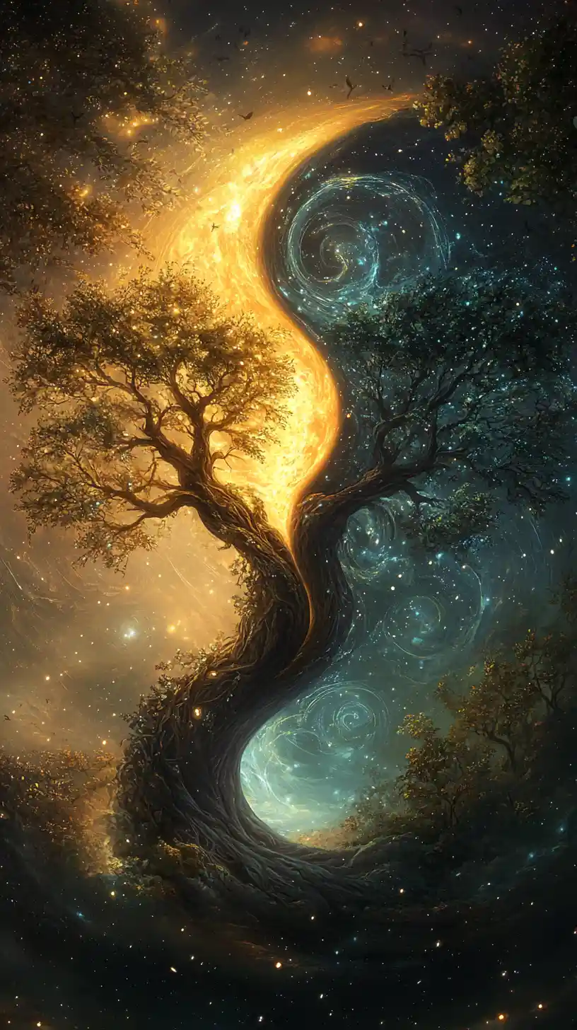 Mystical dual realm trees in luminous cosmic balance