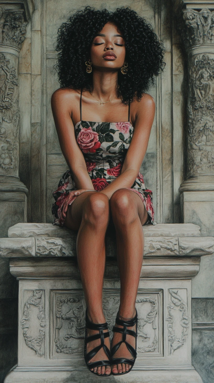 Young woman resting by a stone fountain in floral dress