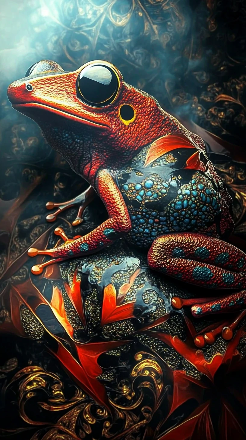 Colorful poison dart frog against bold organic abstract background
