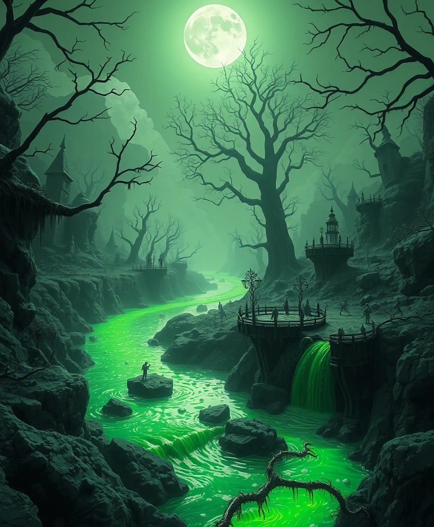 Surreal Green River Of Madness Under Soft Moonlight