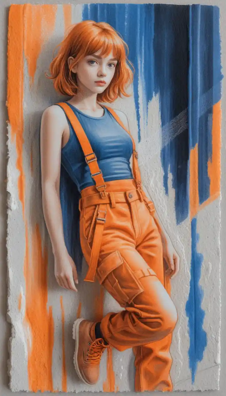 Anime style woman in tactical outfit against concrete wall