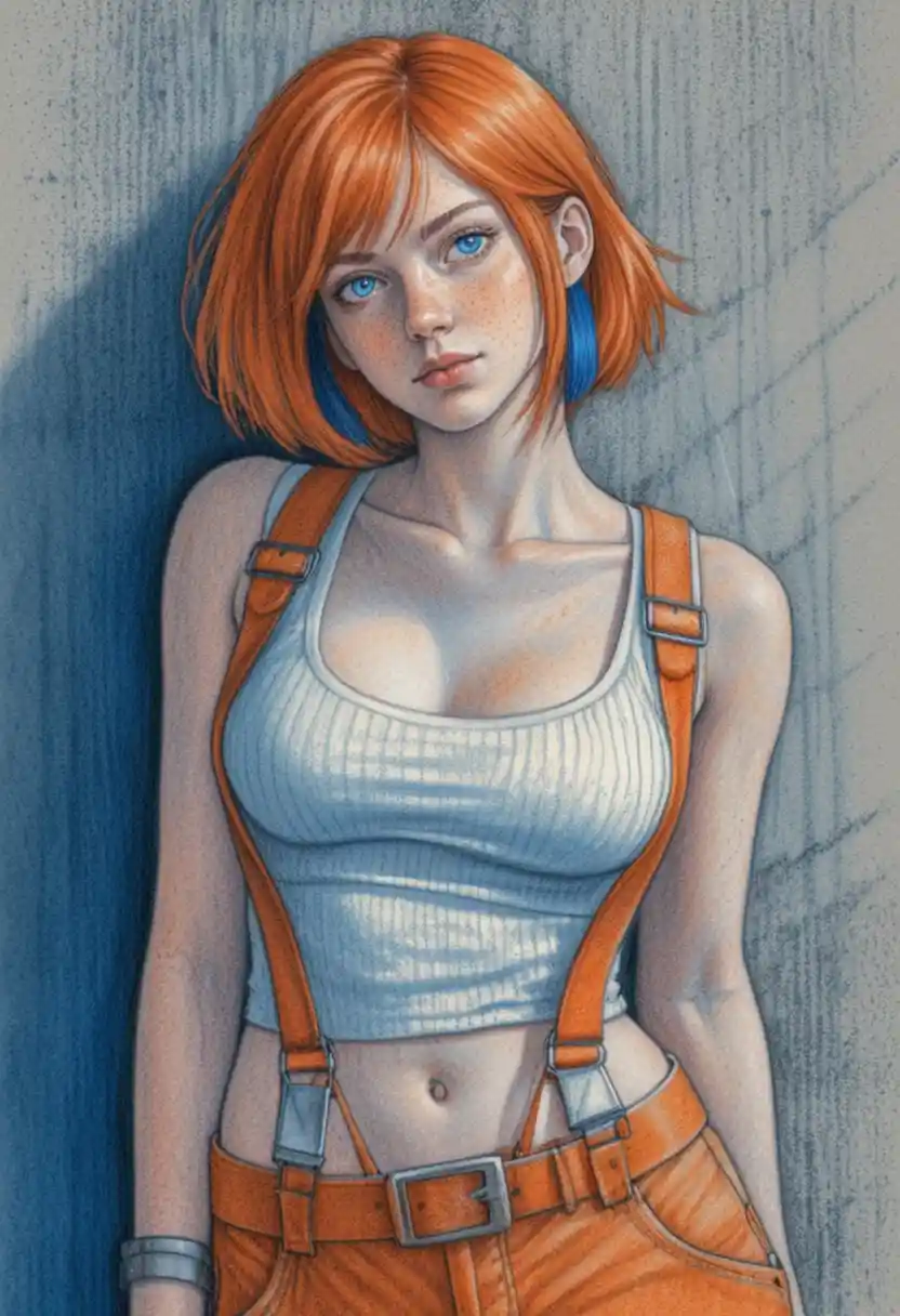 Anime girl in orange gear leaning against concrete wall