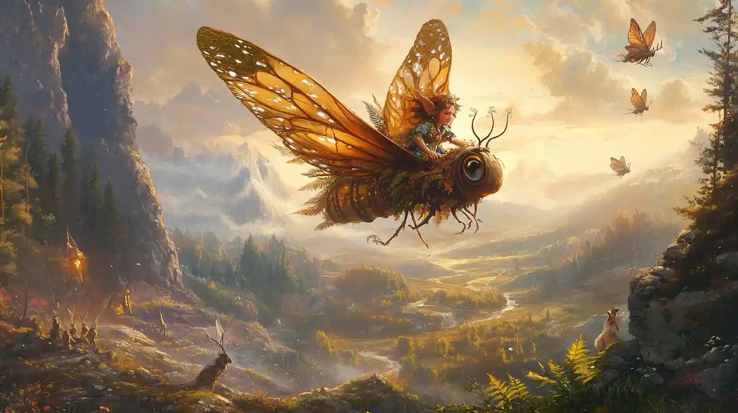 Forest fairy riding a saddled moth through mountain valley