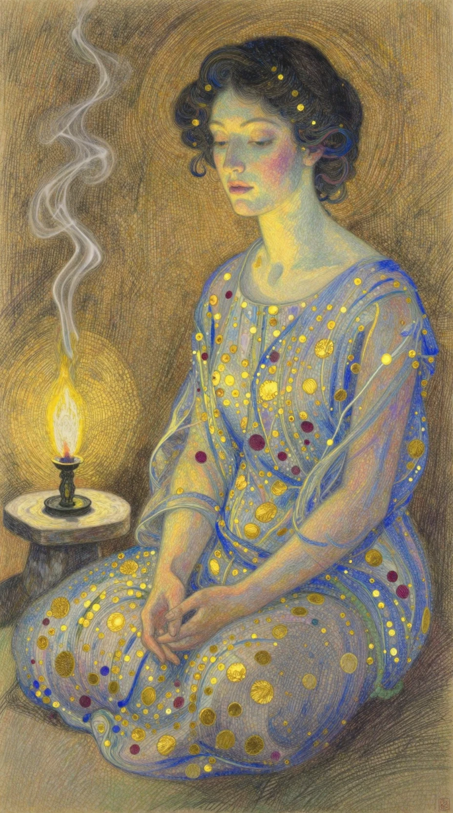Ethereal woman meditating by a glowing lamp in blue robes