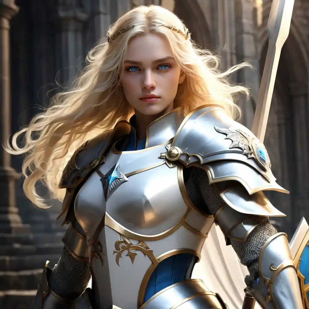 Blonde paladin woman with sword and shield in armor