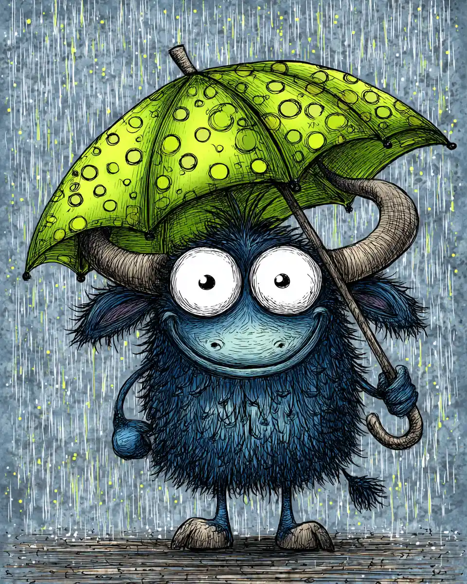 Happy baby bison holding an umbrella in the rain