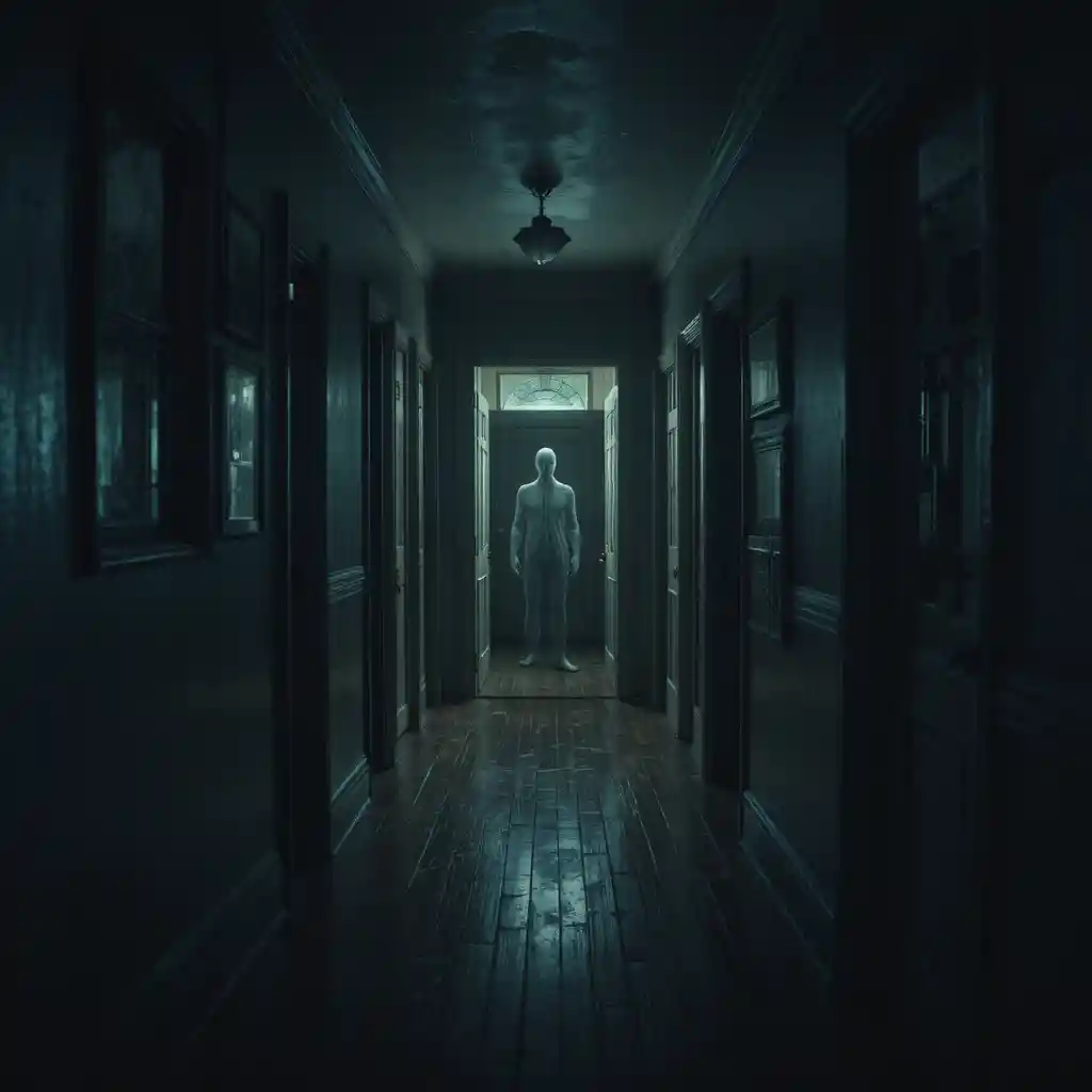 First person view of eerie home interior with doorways