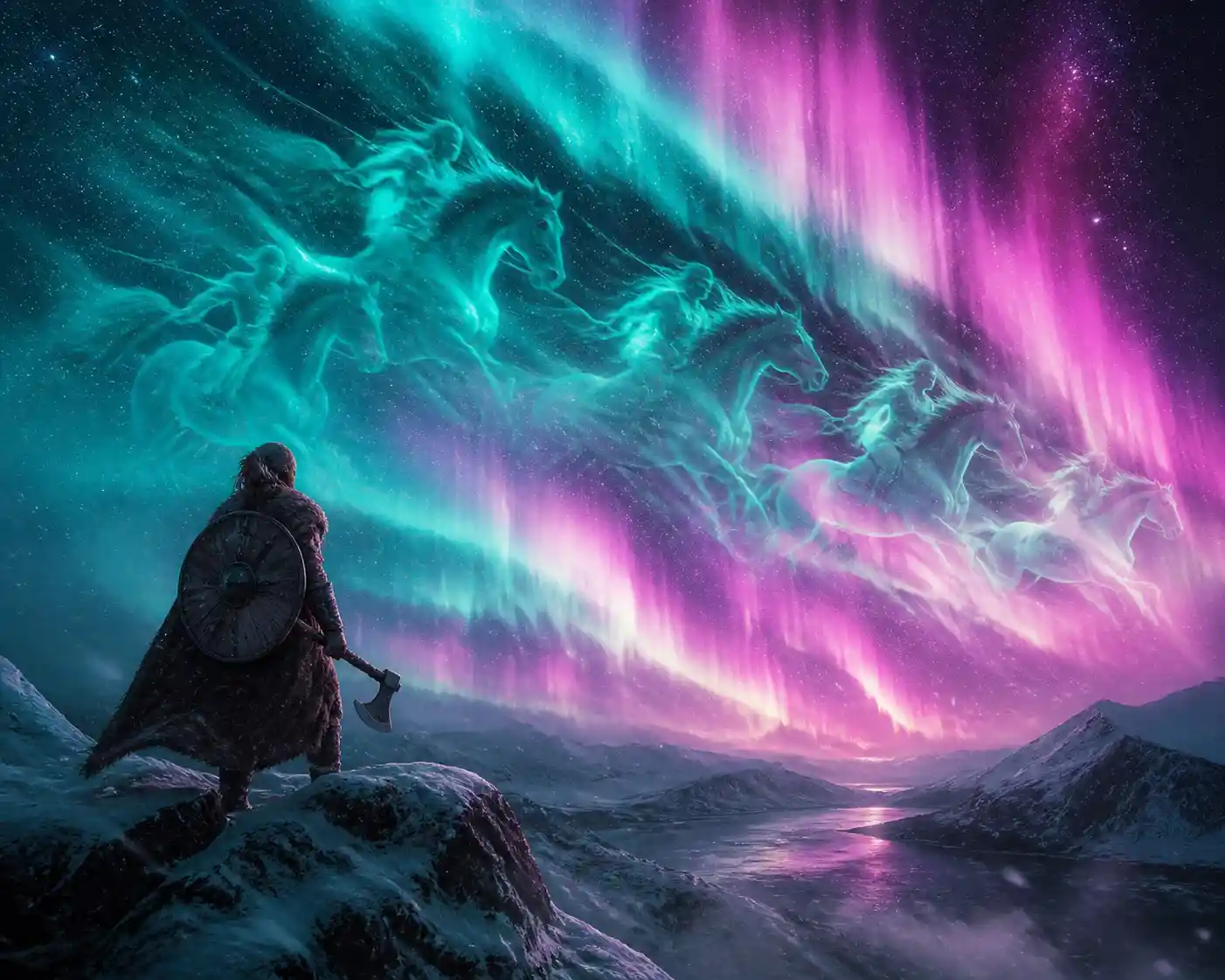 Viking warrior on snowy peak under blazing northern lights