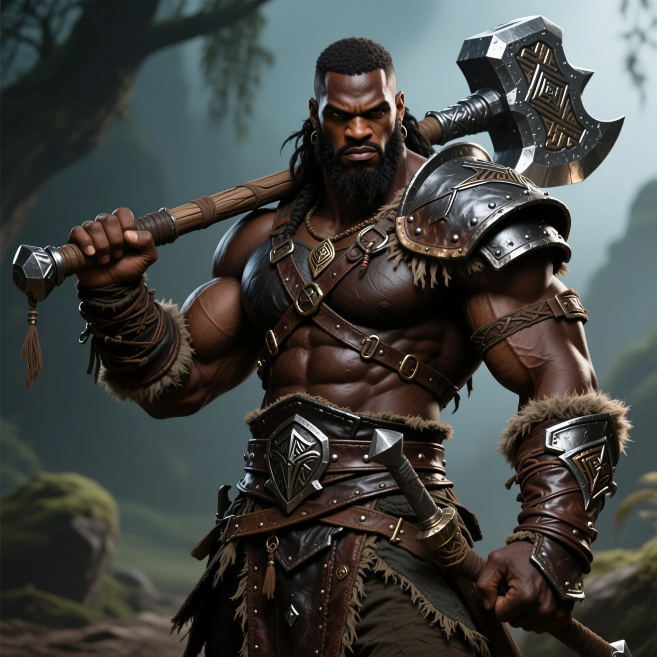 Muscular dark skinned fantasy fighter in leather armor