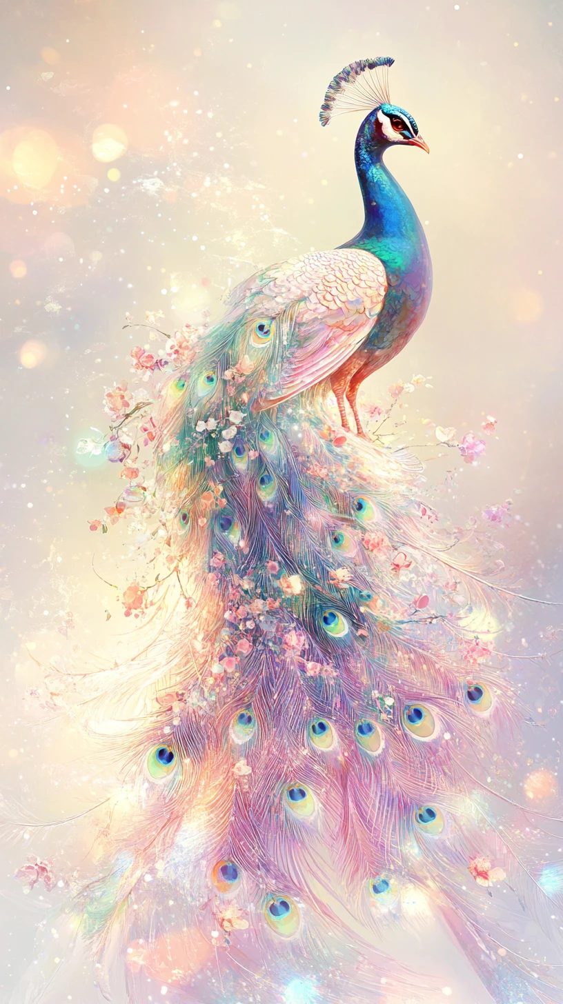 Pastel fantasy peacock with softly glowing floral plumage