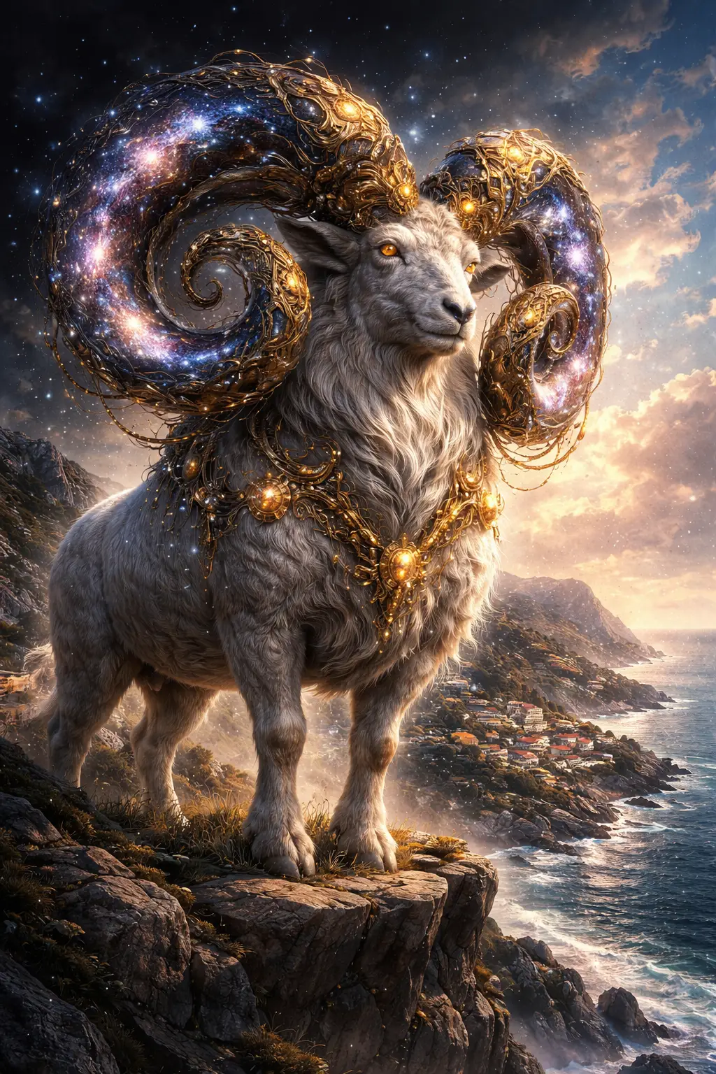 Majestic cosmic ram overlooking a quiet coastal village