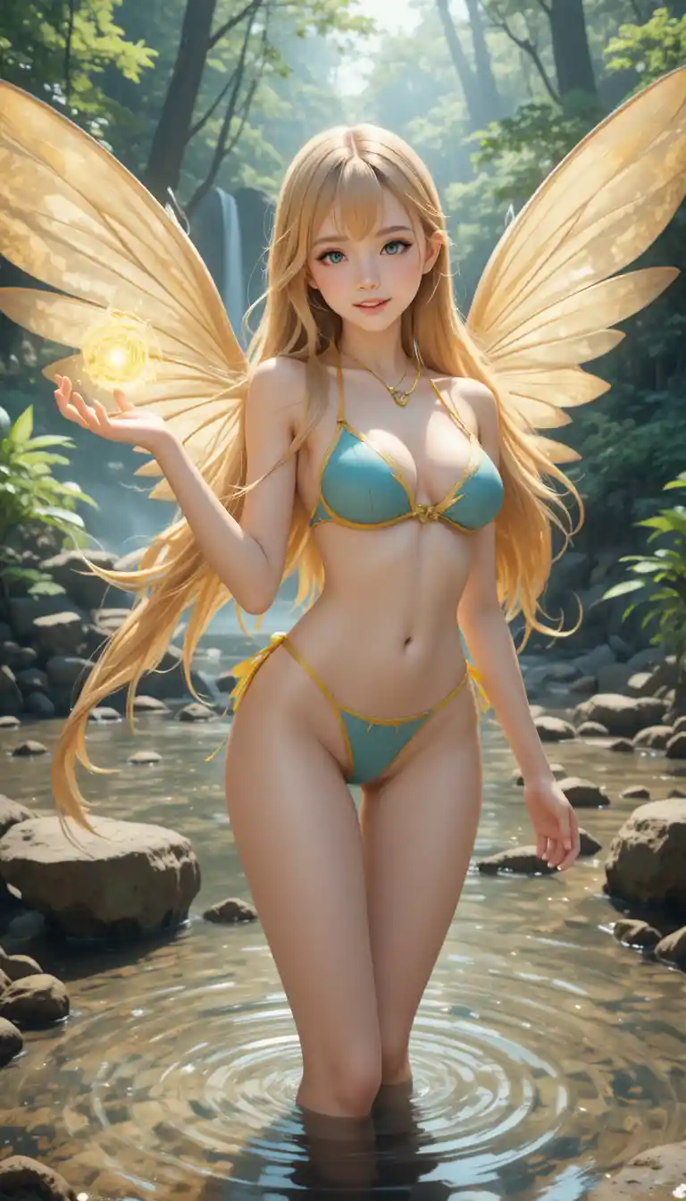 Anime girl with golden wings posing in a tranquil forest