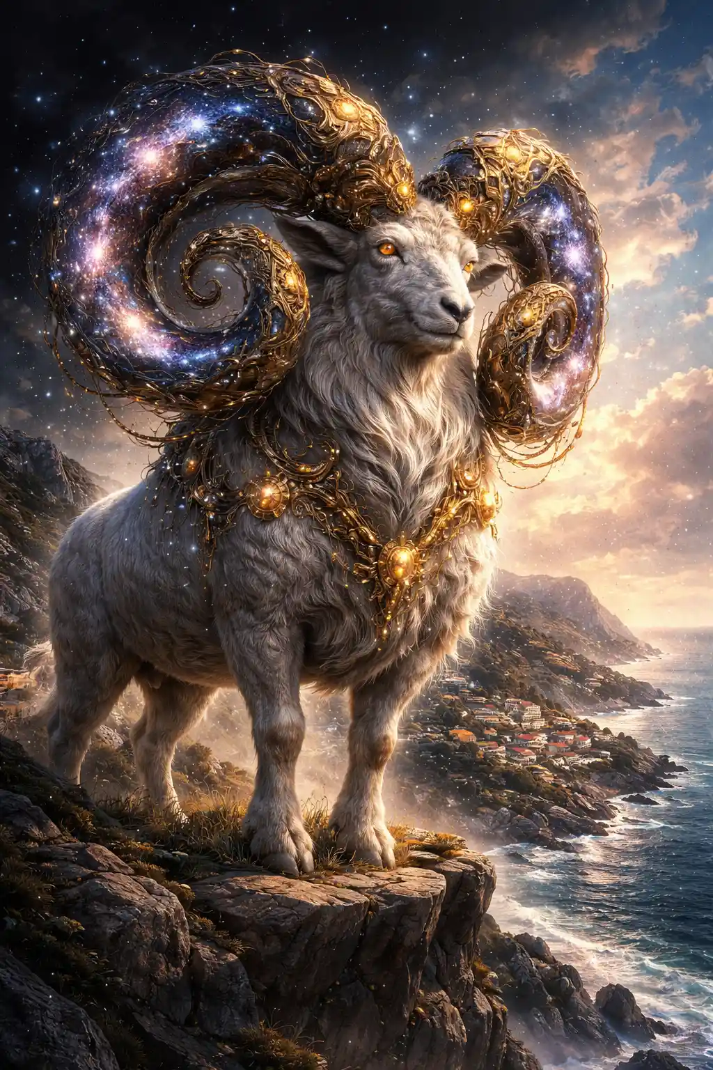 Majestic cosmic ram overlooking a quiet coastal village