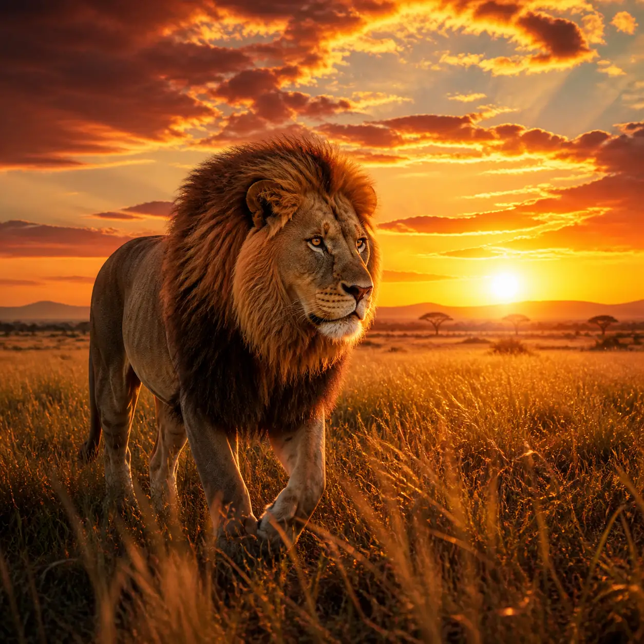 Majestic lion walking across golden savanna at sunset