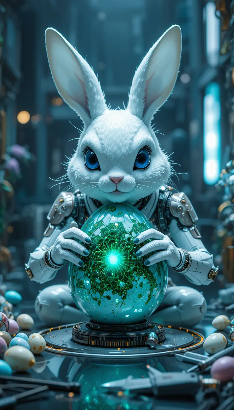 Futuristic rabbit repairing a nanoegg device at a table